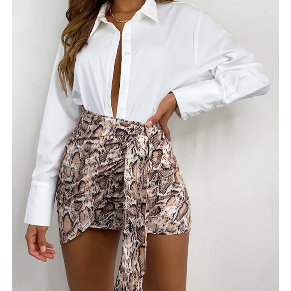 Beige Snake Print Mini Skirt